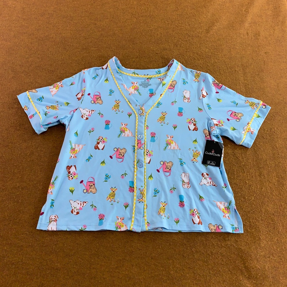 Cuddl Duds Womens XXL Aqua Puppy Dog Print Button Front Pajama Top NWT